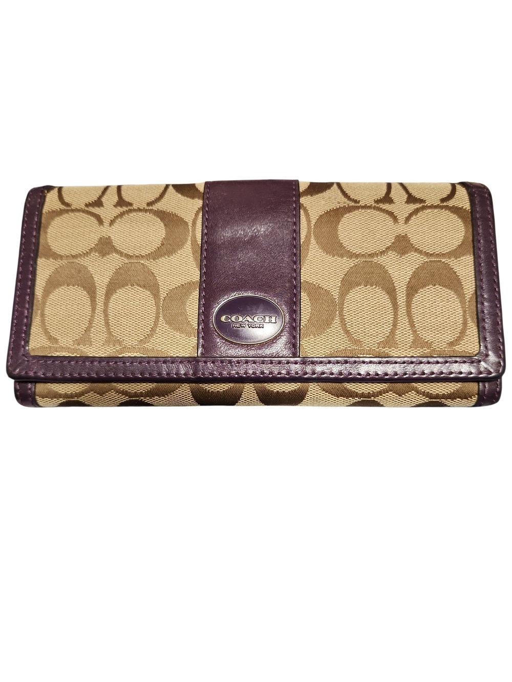 Coach Signature Canvas Continental Wallet in Tan and Plum - Good Condition